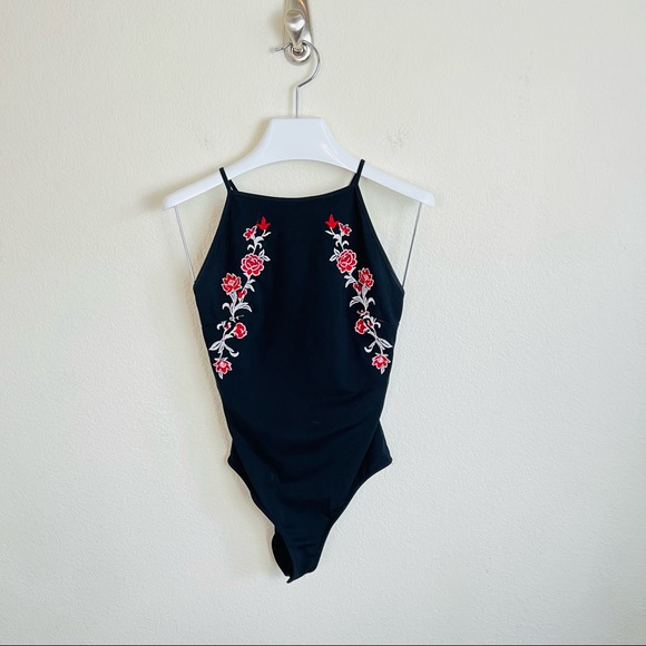 Forever 21 Black Embroidered Red Roses Criss Cross Back Bodysuit - Picture 4 of 12